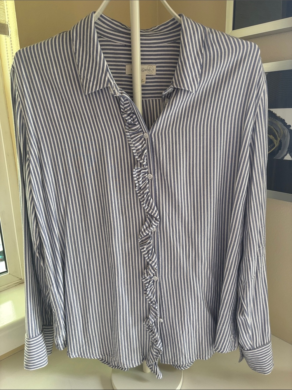 Striped Ruffle-Trim Button Front Women’s Top - Blue/White